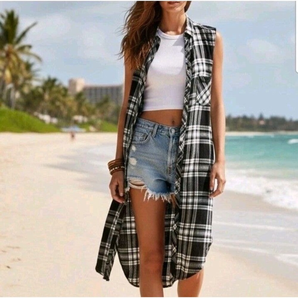 Rails Jordyn Plaid Side Split Tunic Duster Blk/wht Sz Xs Flannel Collared Long - Picture 1 of 7